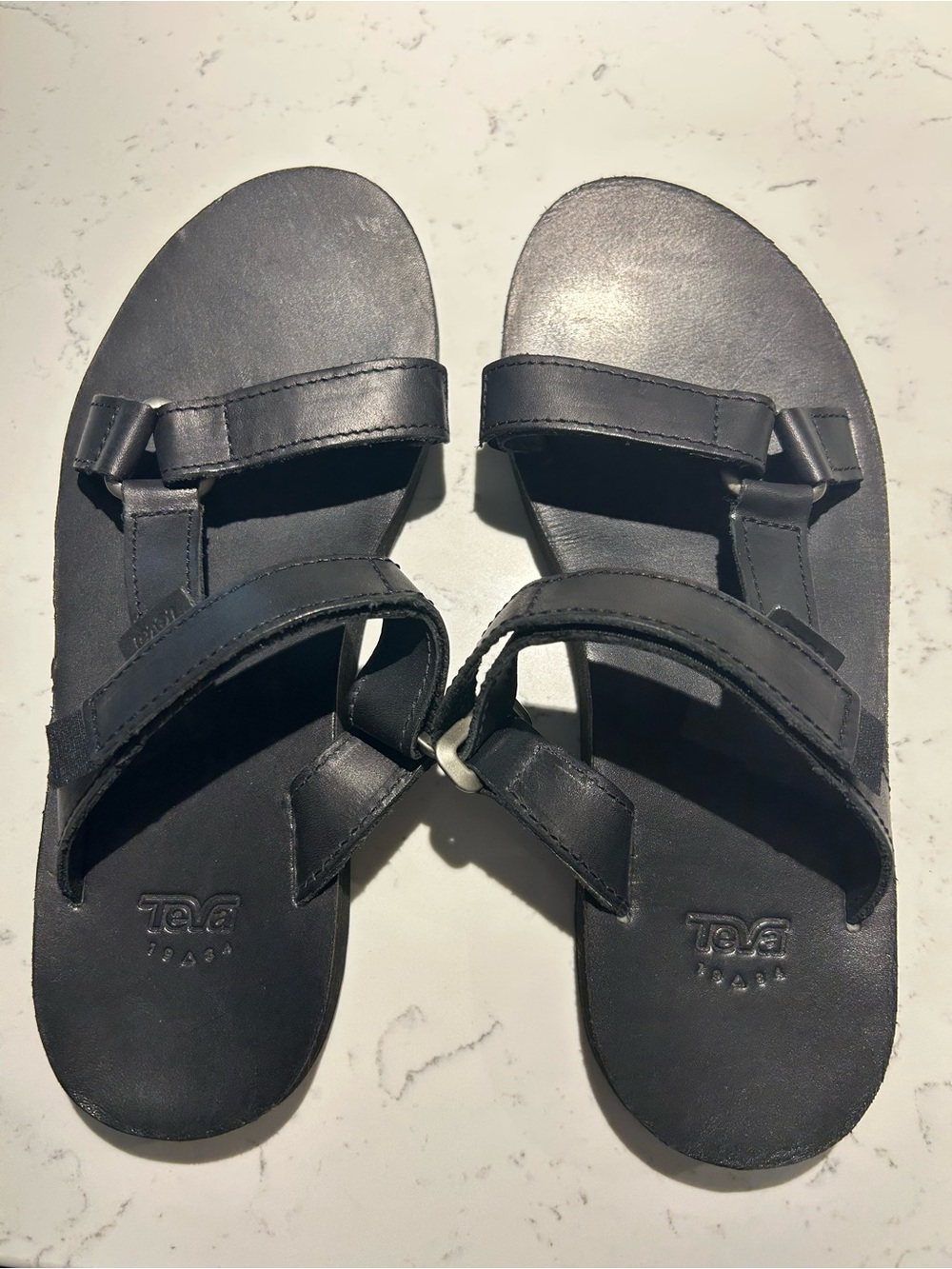 Teva Black Strappy Leather Slide Sandals